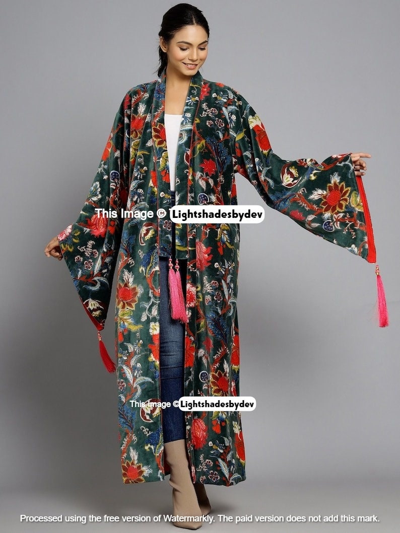 Kimono en velours vert OFMD en tissu banian, robe longue en velours de coton, kimono original OFMD avec glands image 6