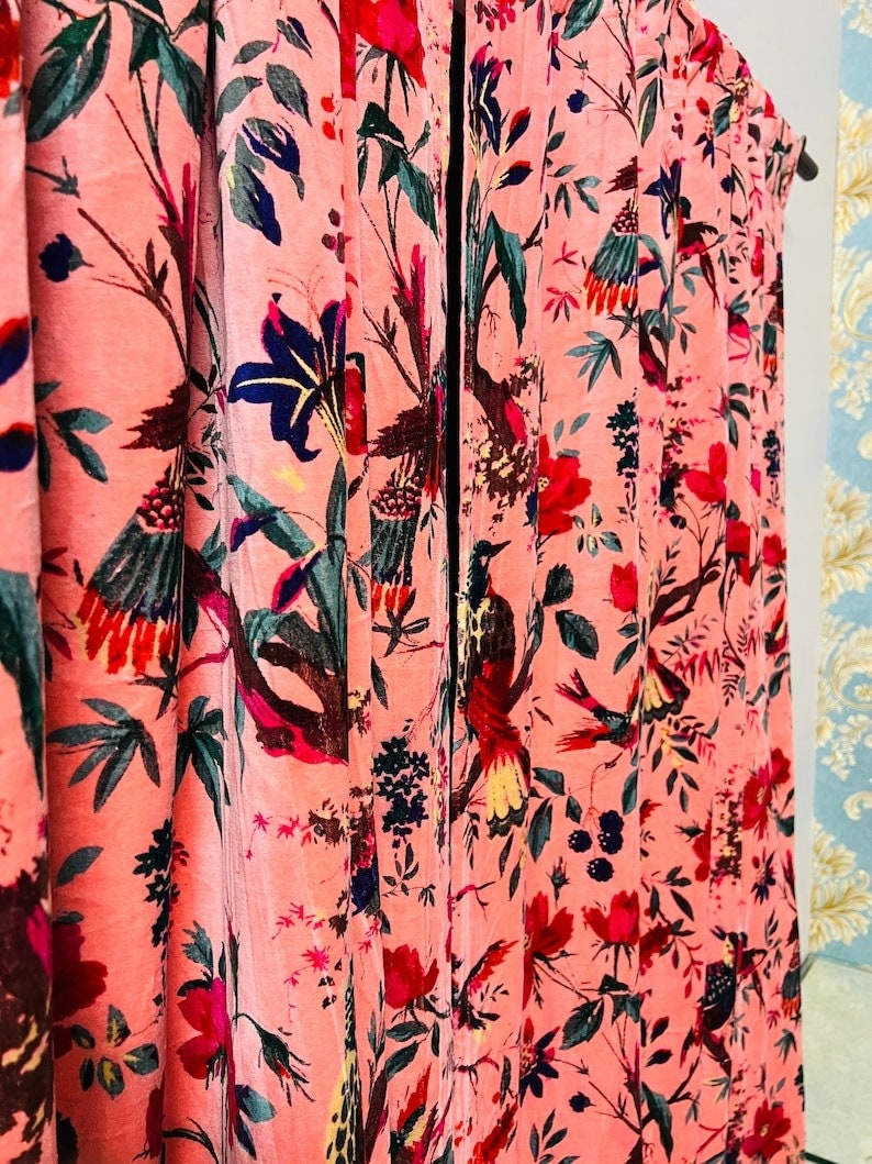 Vintage Cotton Velvet Peach Pink Color Bird Print Luxury Curtain, Boho