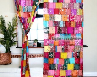 EXPRESS SERVICE of Indian Vintage Old Silk Sari Fabric Made Theme Patchwork color Curtain Door Window Curtain Home Room Door Window Curtain