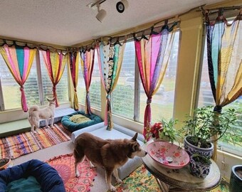 EXPRESS SHIPPING - Indian Vintage Old Silk Sari Pink Color Handmade Patchwork Door Drape Window Home Decor Recycled Curtain, Door Curtain