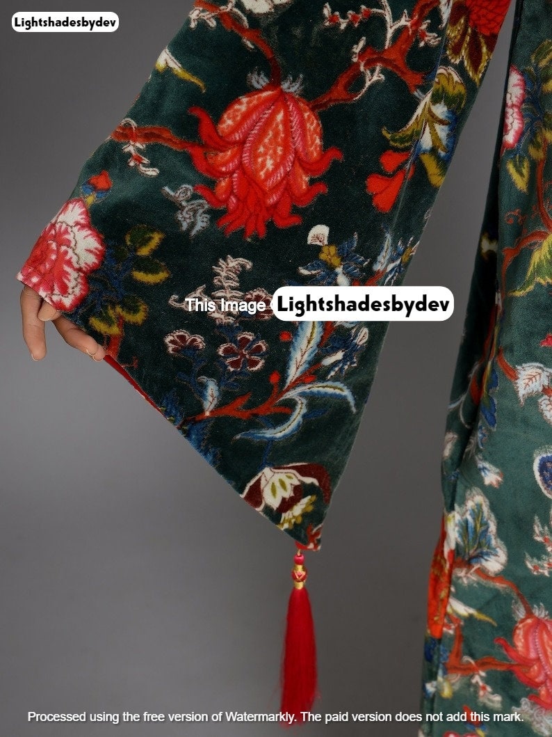 Kimono en velours vert OFMD en tissu banian, robe longue en velours de coton, kimono original OFMD avec glands image 4