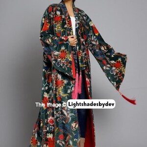 Kimono en velours vert OFMD en tissu banian, robe longue en velours de coton, kimono original OFMD avec glands image 5