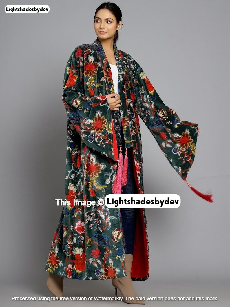 Kimono en velours vert OFMD en tissu banian, robe longue en velours de coton, kimono original OFMD avec glands image 5