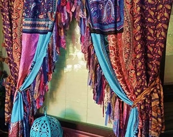 SERVICE EXPRESS - 2 Pc de indien vintage vieux soie Sari multicolore fait à la main Patchwork rideau porte drapé fenêtre décor à la maison rideau recyclé