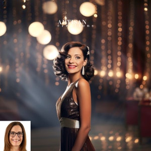 May include: A woman with dark curly hair wearing a brown sequined dress and a silver necklace. She is smiling and looking to the side. The background is a blurry image of lights.