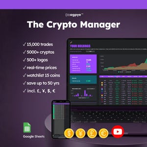 Crypto Manager (donkere modus): geautomatiseerde bitcoin- en cryptoportfoliotracker, gemiddelde kostenbasis (Google Spreadsheets)
