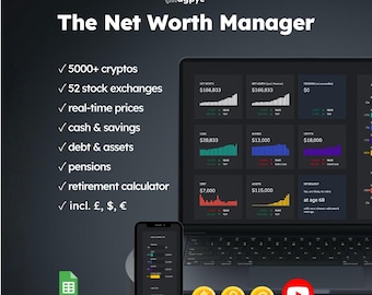 Net Worth Manager (Dark): Track Savings, Pensions, Stocks, Crypto, Debt and Assets (Google Sheets)