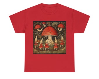 Christmas Dance of Santa Claus's Elves around the Sacred Fly Agaric Mushroom Totem pole  - Unisex Heavy Cotton Tee