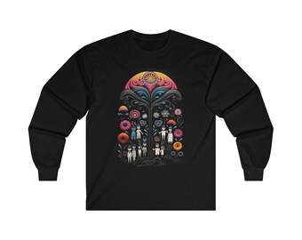 Mushroom applique folk-art printed T-shirt | Dancing mushrooms | Shamanic family | Shabaddah Gaggerdy | Nimble nimble nimble