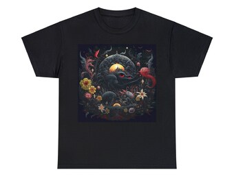 Draco Opiliones among Sunset Flowers - this arachnid dragon sleeping watchfully, eyes-open  - Unisex Heavy Cotton Tee