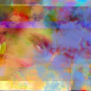 Peut inclure: Peinture abstraite avec une image floue d'un œil, entourée de nuages colorés et de formes géométriques. Les couleurs sont vives et comprennent des nuances de bleu, de vert, de jaune, d'orange et de rouge.