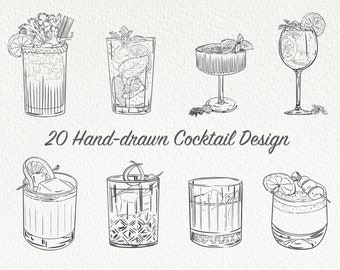 Könnte beinhalten: Ein Set mit 20 handgezeichneten Cocktail-Designs, die verschiedene Gläser mit unterschiedlichen Garnituren und Eis zeigen. Die Designs sind in Schwarzweiß gehalten und haben einen Vintage-Look.