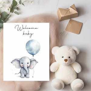 Biglietto di benvenuto per bambino elefante stampabile, download istantaneo, biglietto per baby shower neutro rispetto al genere, biglietto di auguri per neonato