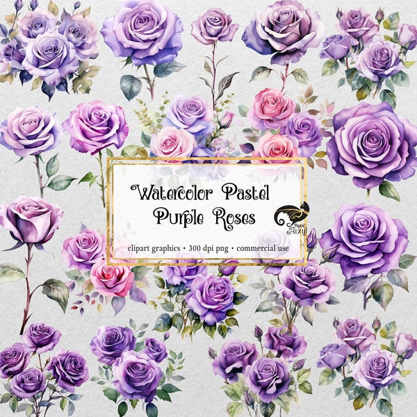 Watercolor Pastel Purple Roses Clipart - roses and leaves in PNG format instant download for commercial use