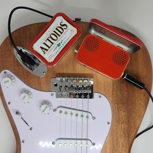 Portable Mint Tin Guitar Amplifier and Speaker With Gain Control - Altoids Red With Red Face - Gifts for Guitar Lovers FREE SHIPPING