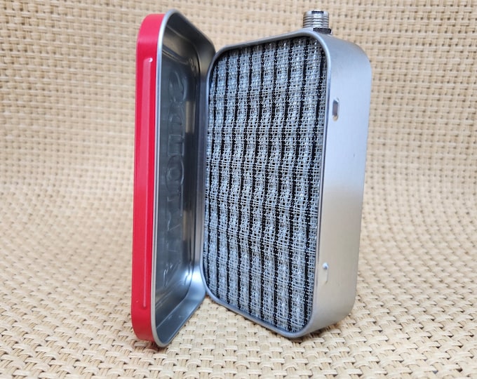 Portable Mint Tin Guitar Amplifier - Altoids Red/Black & Silver Grill Cloth, Handmade Gifts for Musicians and Guitar Players FREE SHIPPING