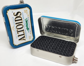 Portable Tin Amp, Speaker for Electric Guitar - Altoids Blue/Black Vintage Style Cane Grill Cloth, Handmade Gift for Musicians FREE SHIPPING