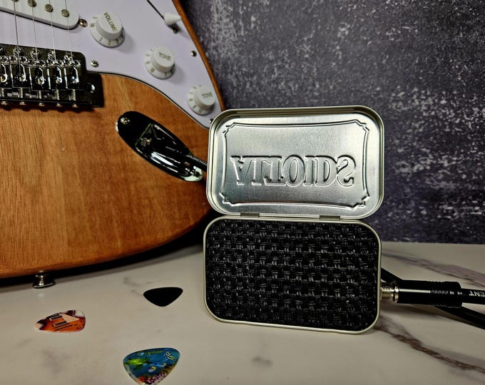 Portable Tin Amp & Speaker for Electric Guitar - Altoids Red/Black Vintage style Cane Grill Cloth, Handmade Gift for Musicians FREE SHIPPING