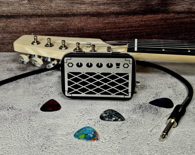 Portable Tin Amp & Speaker for Electric Guitar - Black Case/Choose from 9 Grill Cloth, Vintage/Mod Handmade Gift for Musicians FREE SHIPPING