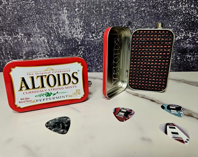 Portable Mint Tin Guitar Amplifier - Altoids Red/Red and Black Vintage Matrix Grill, Handmade Gifts for Musicians FREE SHIPPING