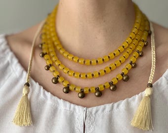 Yellow glass bead necklace Coraly with bells pendant Ukrainian traditional jewelry ethno boho slavic style sylianka szgardy for vyshyvanka
