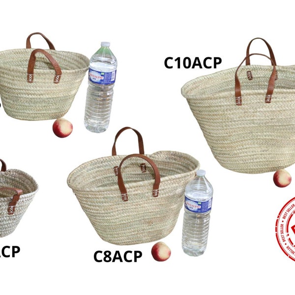 PANIER Paille Marocain - Cabas de courses, marché et plage - Sac ANSES en CUIR - Très Solide