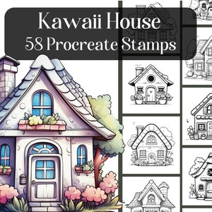 Kawaii House Procreate Stamps, 58 pinceles de sellos para la aplicación Procreate en iPad, linda casa, edificio, linda casa de dibujos animados, colorear, referencia