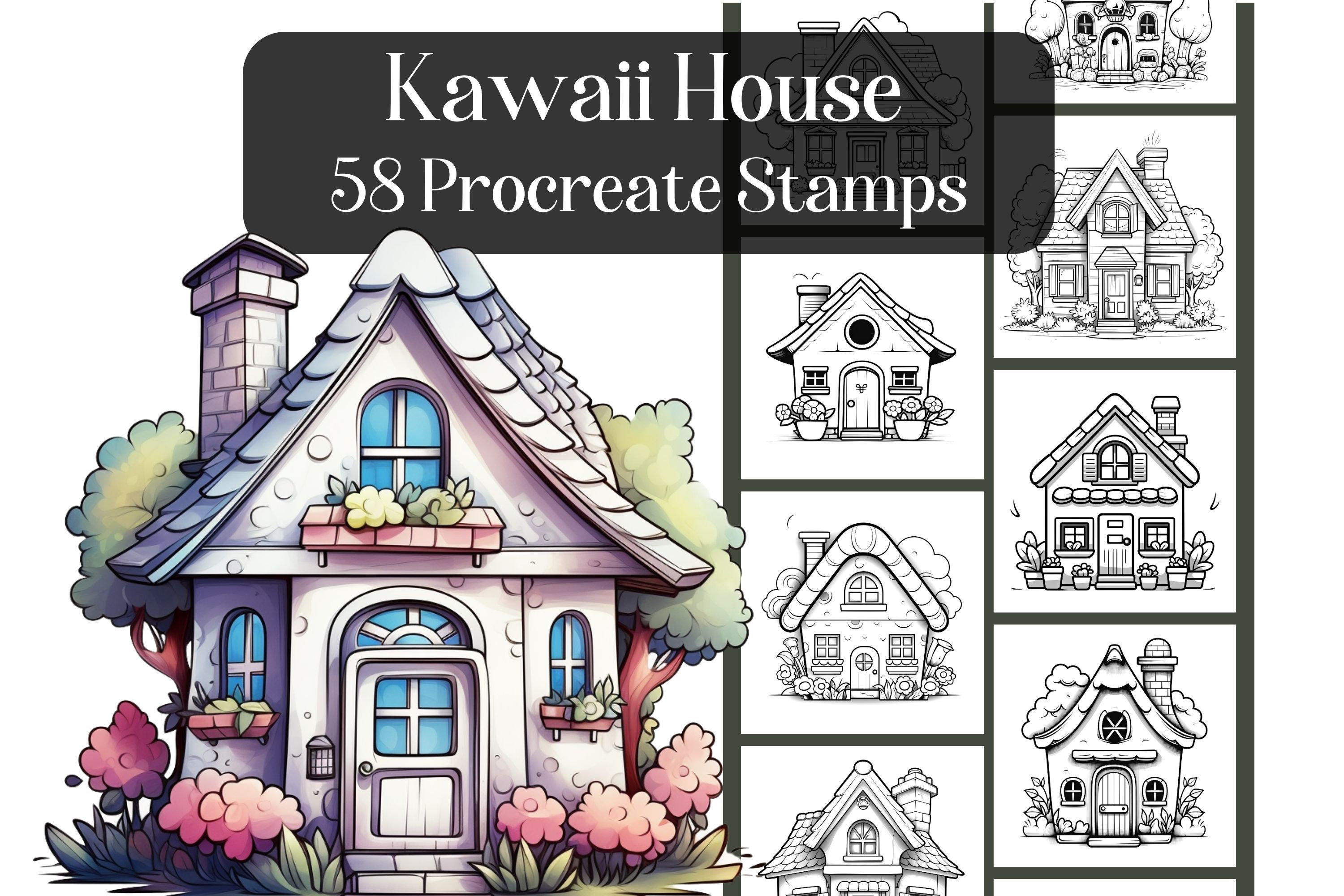 Kawaii House Procreate Stamps – 58 pinceles de sello de casas y edificios para iPad
