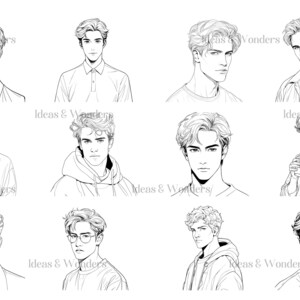 May include: A collection of nine black and white line drawings of men's faces with different hairstyles. Each face is drawn in a realistic style with detailed features.