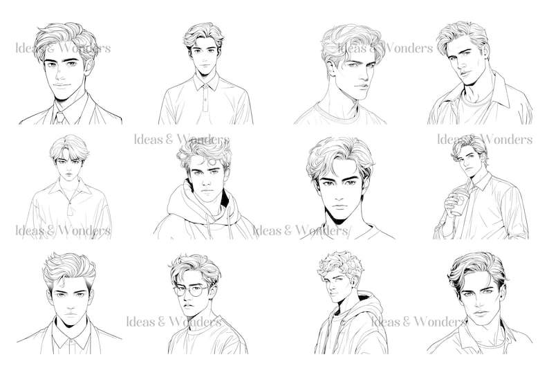 May include: A collection of nine black and white line drawings of men's faces with different hairstyles. Each face is drawn in a realistic style with detailed features.