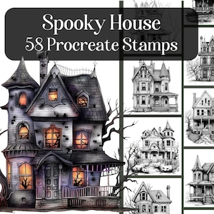 May include: Digital art featuring a spooky house with glowing orange windows and a dark, ominous design. The image includes the text "Spooky House 58 Procreate Stamps" and showcases various haunted house illustrations in black and white.