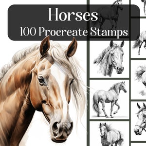 May include: Digital art set featuring horse illustrations. The image showcases a detailed drawing of a horse's head with a flowing mane, alongside a grid of 100 Procreate stamps of horses in various poses and styles, with the word "Horses" at the top.