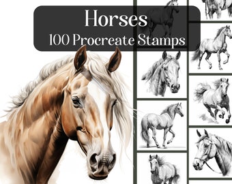 Horses, 100 Procreate Stamps, Realistic horses brushes for Procreate, animal stamps, horse portrait, running horse, digital brushes