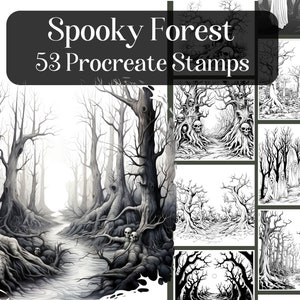 Spooky Forest Procreate Stamps, 53 halloween forest Procreate brushes, colouring procreate, autumn halloween, instant download
