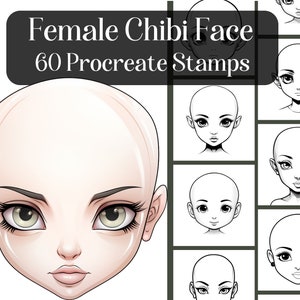 Timbri Procreate volto femminile Chibi, 60 timbri pennello per l'app Procreate su iPad, immagini della guida di riferimento della testa, simpatico volto di cartone animato chibi