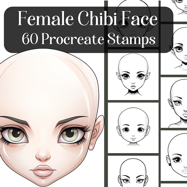 Sellos femeninos de Chibi Face Procreate, 60 sellos de pincel para la aplicación Procreate en iPad, imágenes de guía de referencia de cabeza, linda cara de dibujos animados de chibi
