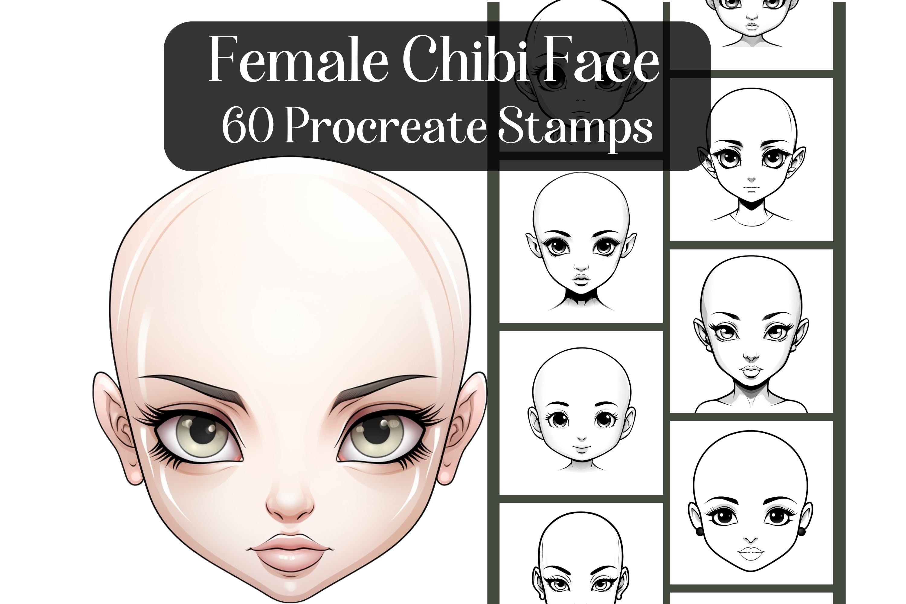 Female Chibi Face Procreate Stamps – 60 Cute Head Reference Brushes for iPad