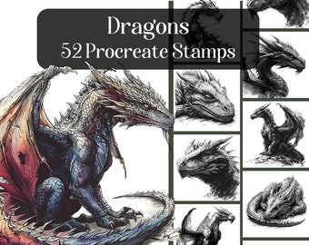 Sellos de dragón para Procreate: 52 pinceles de fantasía (descarga digital)