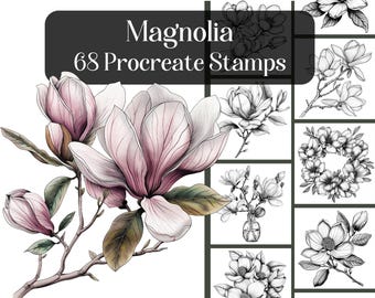 Może przedstawiać: Zestaw 68 cyfrowych znaczków z kwiatami magnolii w różnych stylach. Znaki są czarno-białymi rysunkami liniowymi i idealnie nadają się do dodania odrobiny elegancji do projektów cyfrowych.