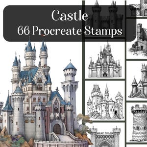 May include: A set of 66 Procreate stamps featuring various castle illustrations. The stamps include detailed drawings of castles in different styles, from medieval to modern, with intricate details like towers, windows, and gates. The stamps are perfect for adding a touch of fantasy and history to digital art projects.