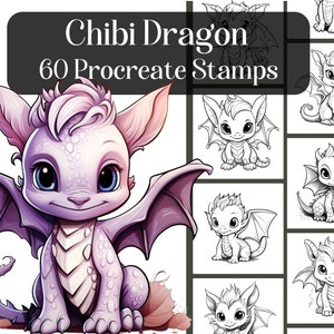 Chibi Dragon Procreate Stamps, 60 penseelstempels voor Procreate App op iPad, genezen draak, kawaii draak, inkleuren, referentiebeelden