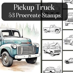 Op de afbeelding: Een set van 53 Procreate-stempels met vintage pick-up trucks in verschillende poses. De stempels zijn zwart-wit lijntekeningen met een aquarel achtergrond.