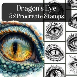 May include: A digital illustration of a dragon's eye with a green, blue, and yellow color scheme. The eye is surrounded by scales and has a black pupil. The image is labeled "Dragon's Eye 52 Procreate Stamps".