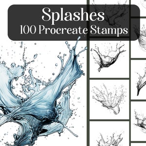 May include: A set of 100 Procreate stamps featuring water splashes in various styles. The stamps include both realistic and stylized water splashes, perfect for adding a touch of movement and energy to your digital art.
