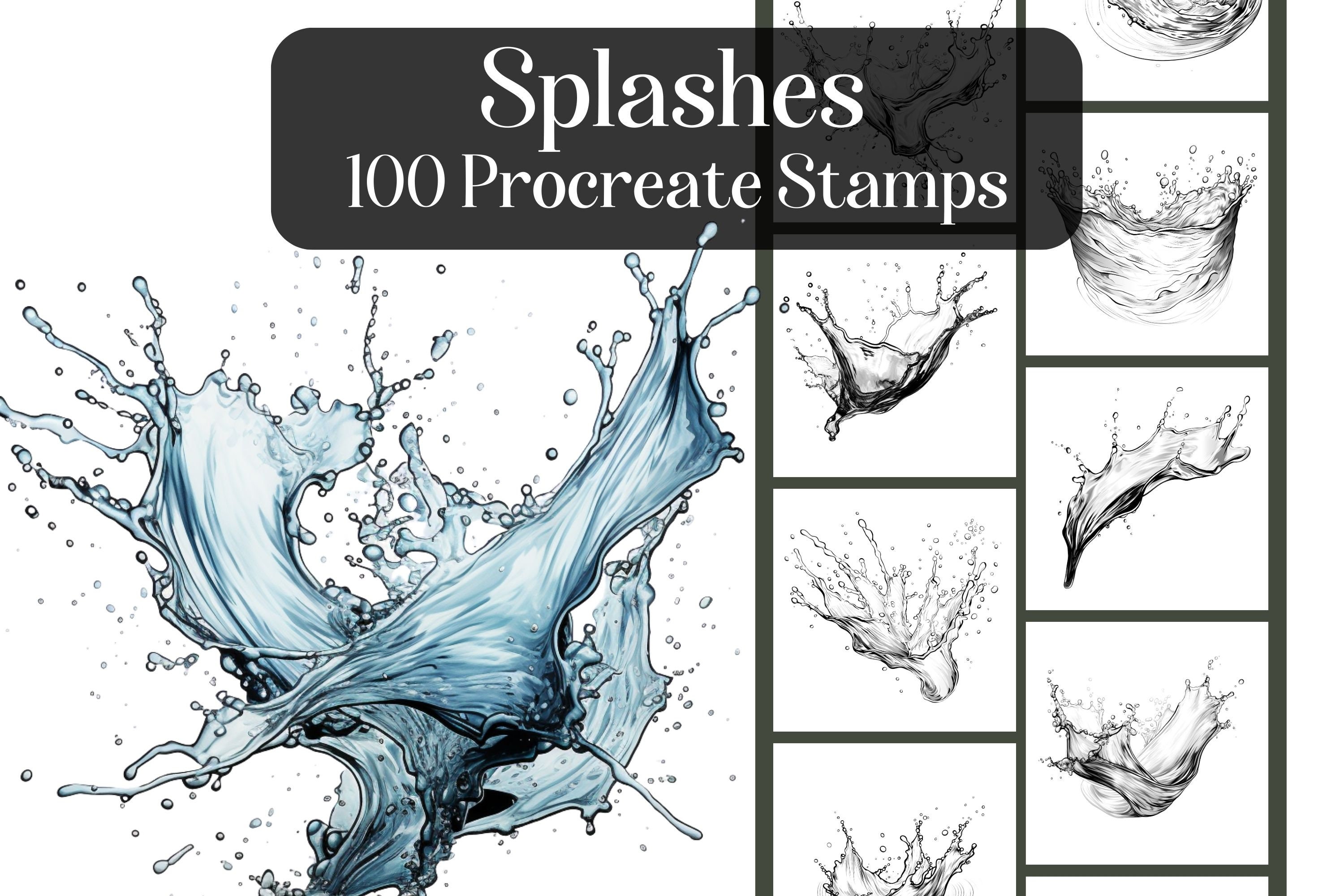 Splashes – 100 Procreate Stamps for Water, Liquid, Drips & Splash Effects - Image 1