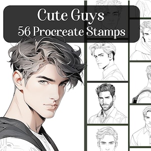 Cute Guy Procreate stamps, 56 stamp brushes for Procreate App on iPad, reference images, portrait stamps, male images, digital download