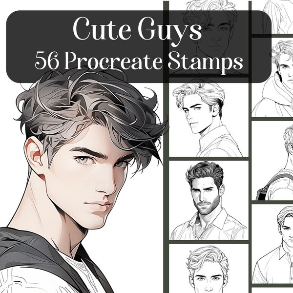 Cute Guy Procreate stamps, 56 stamp brushes for Procreate App on iPad, reference images, portrait stamps, male images, digital download