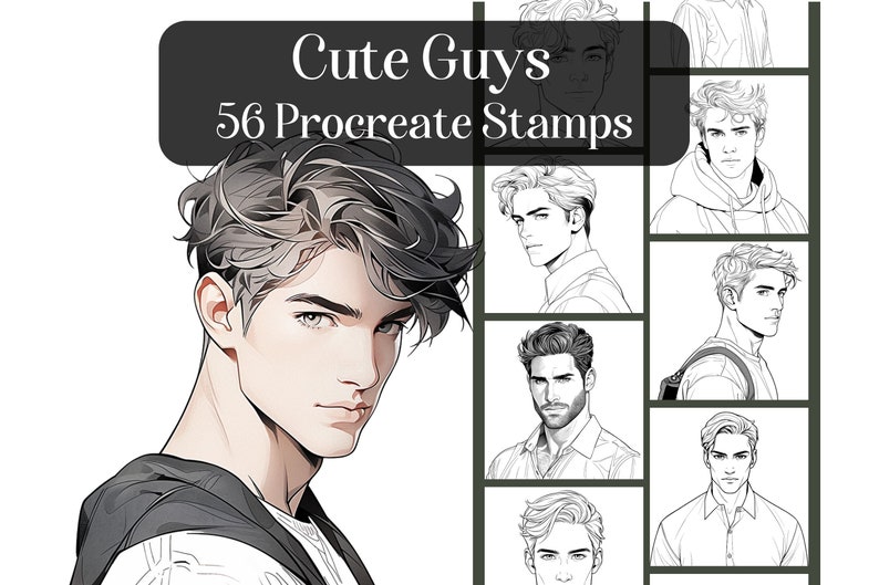 May include: A set of 56 Procreate stamps featuring cute guys with different hairstyles and facial expressions. The stamps are in black and white and are perfect for adding a touch of personality to your digital art.