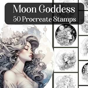 Moon Goddess, 50 Procreate Stamps, Realistic brushes for Procreate, Female face procreate, celestial stamps, digital brushes
