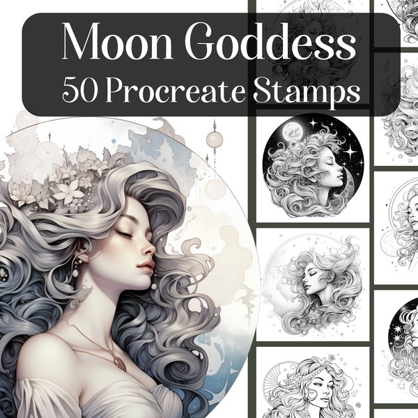 Moon Goddess, 50 Procreate Stamps, Realistic brushes for Procreate, Female face procreate, celestial stamps, digital brushes